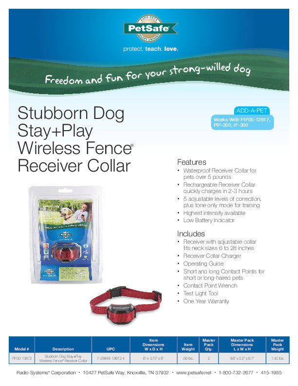 PetSafe Stubborn Dog Stay & Play Wireless Fence Receiver Collar -  PIF00-13672